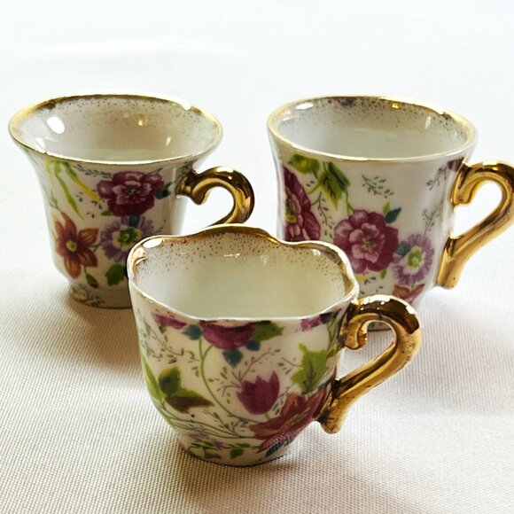 Vintage FIVE Miniature Porcelain Teacups & Plate Pink Floral Rose Gold Gilt - Picture 7 of 10
